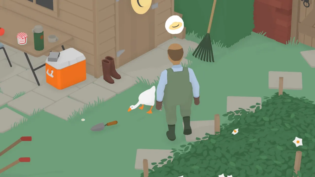 A goose pulling a rake