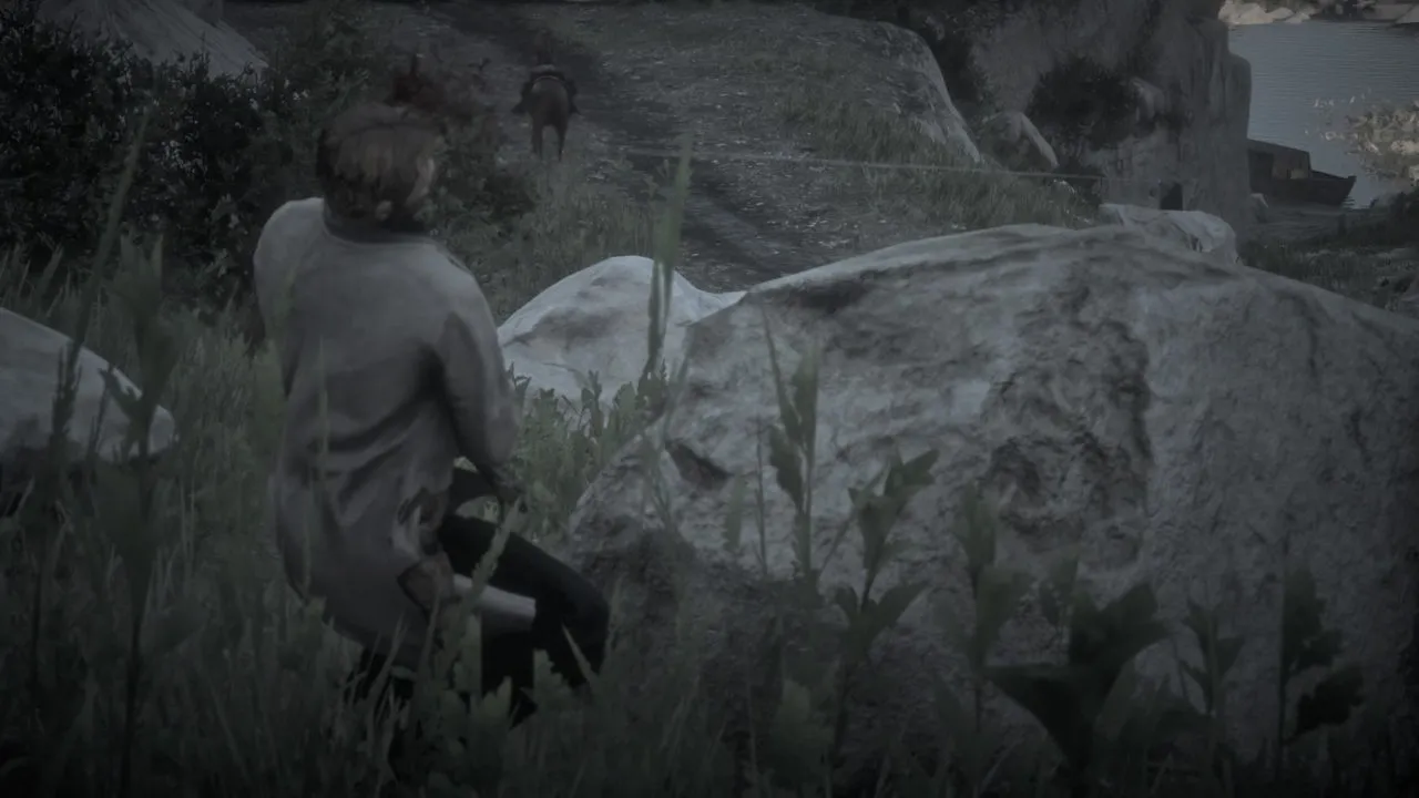 A lawman aiming his gun at Arthur Morgan.