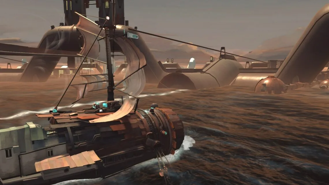 A lone ship sails through a flooded landscape in FAR: Changing Tides