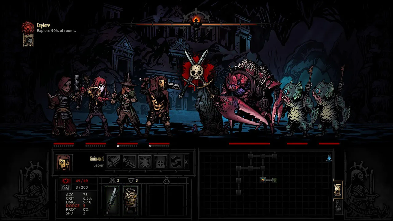 A party of adventurers in Darkest Dungeon