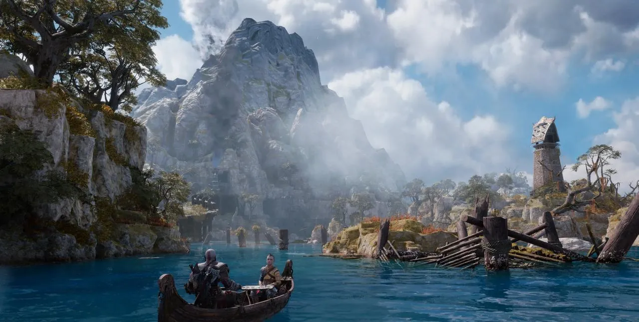 A scenic view of a mountainous landscape in God of War Ragnarok