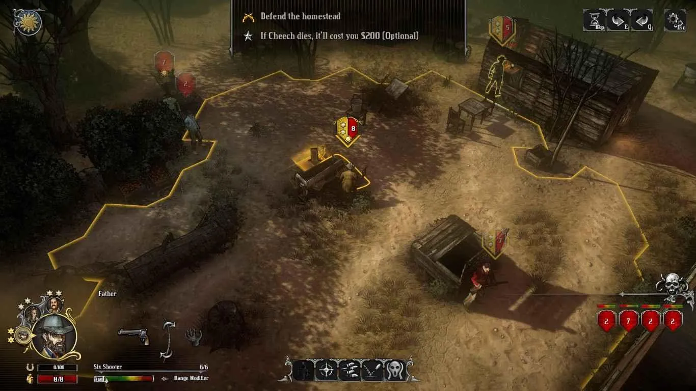 A screenshot from Hard West displaying a character taking cover behind a wooden crate during combat.