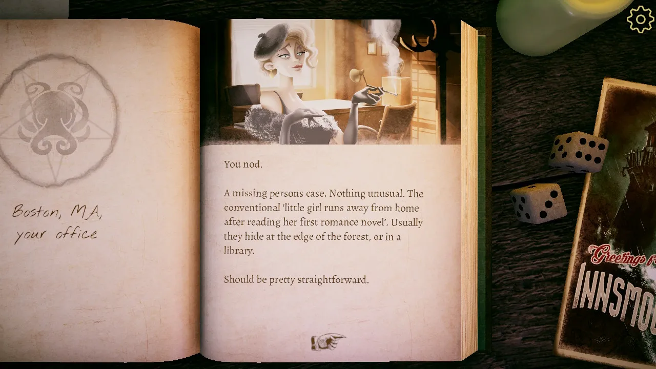 A screenshot from The Innsmouth Case displaying a humorous illustration that contrasts with the game's serious tone.