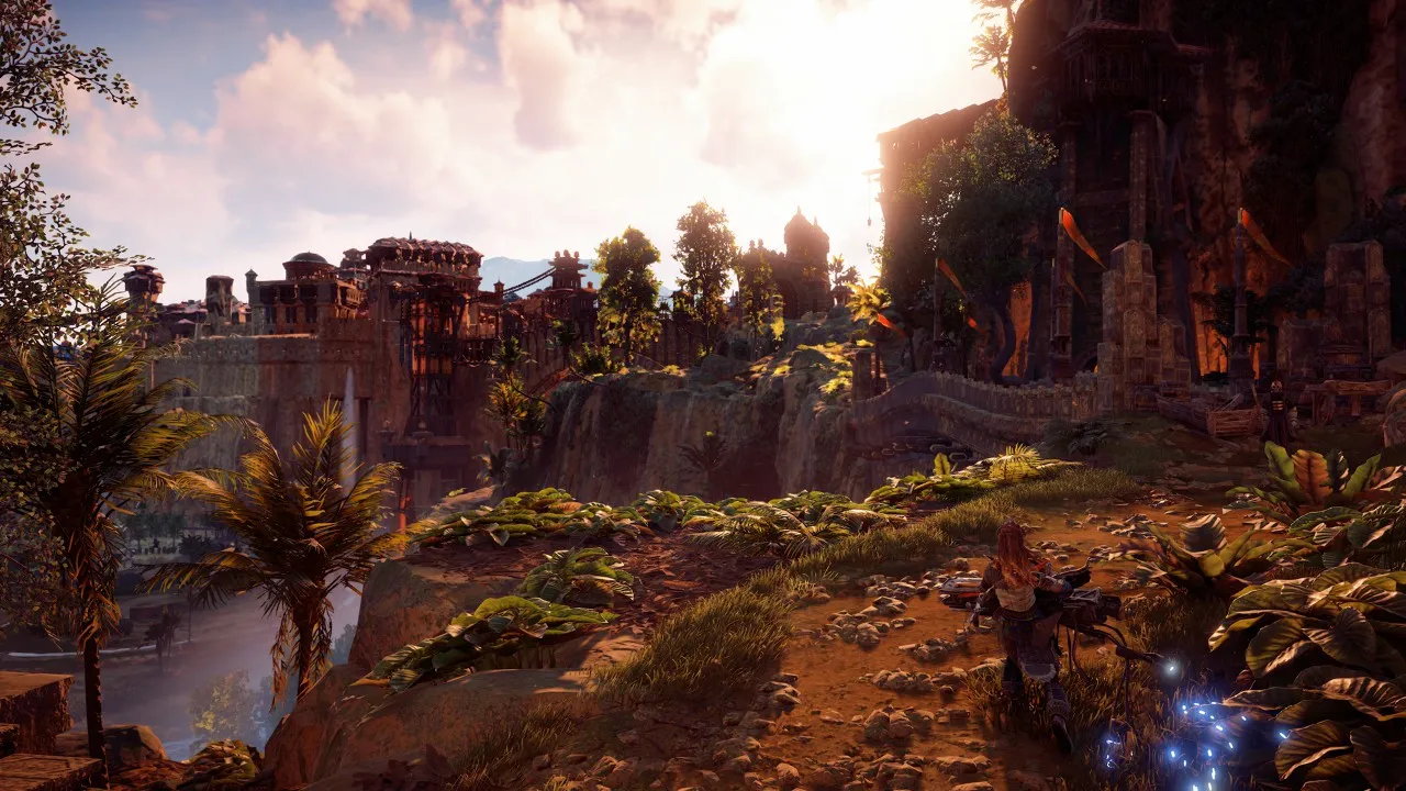 Aloy facing off against a mechanical beast
