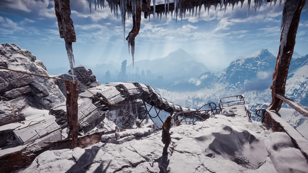 Aloy riding a mechanical mount