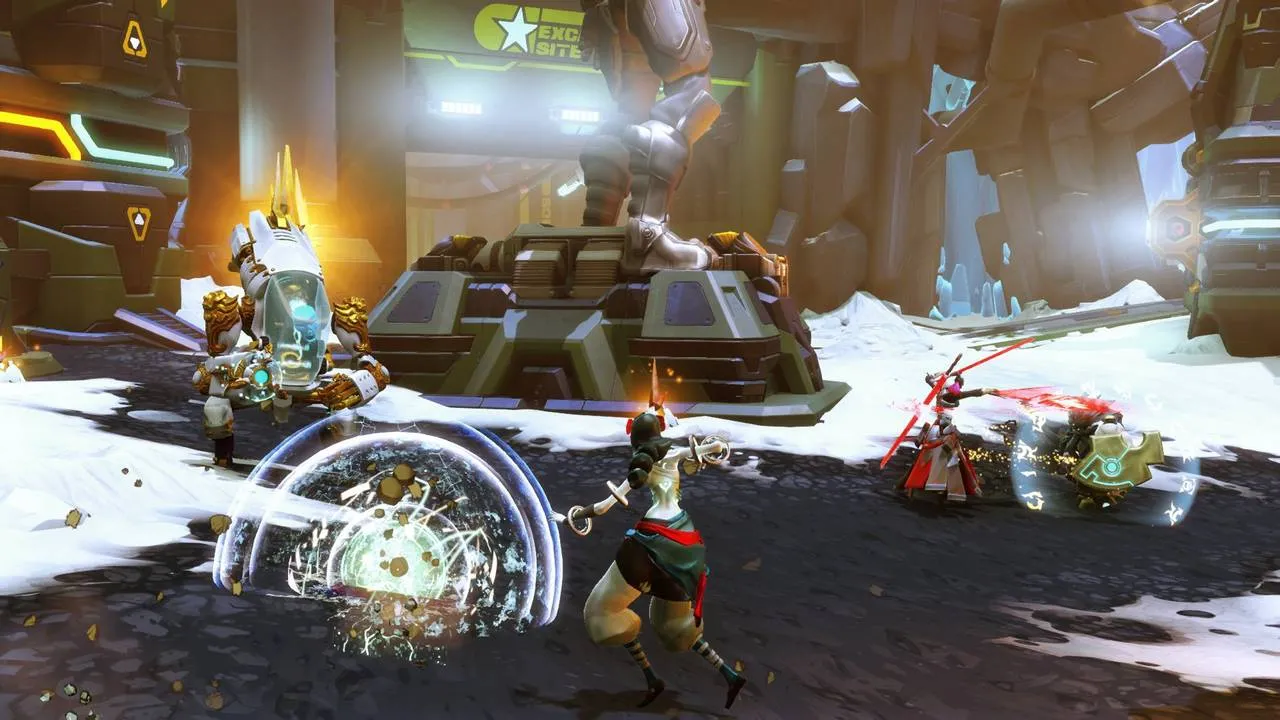 alt: A chaotic battle scene in Battleborn with numerous characters and enemies