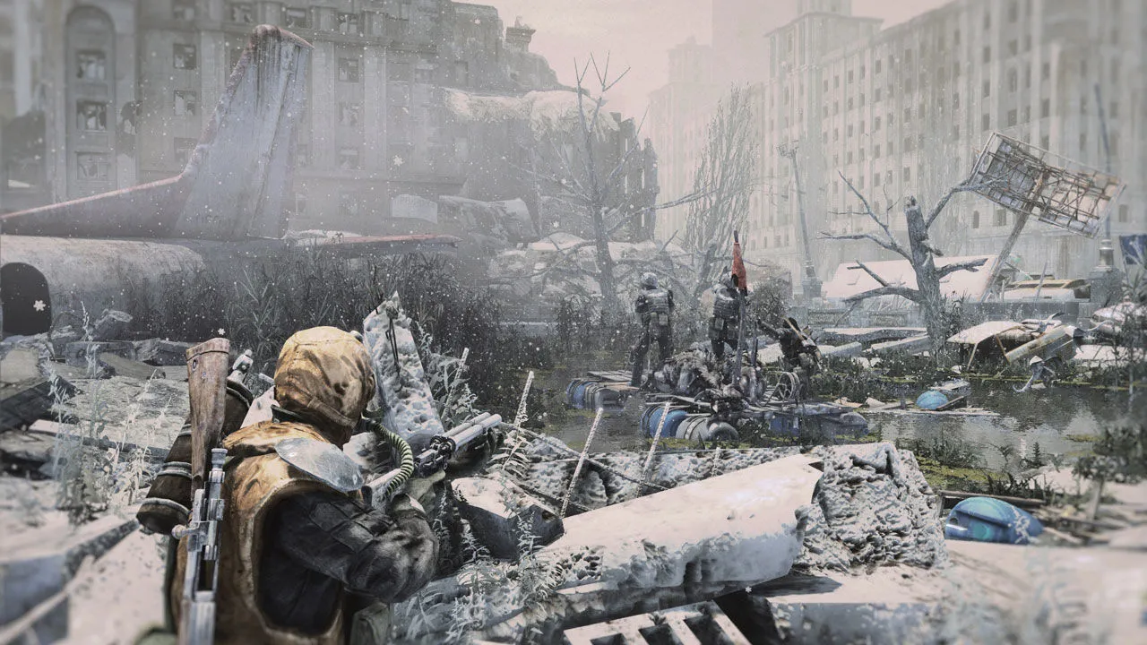 Alt: A dimly lit metro tunnel in Metro: Last Light, showing tracks and debris.