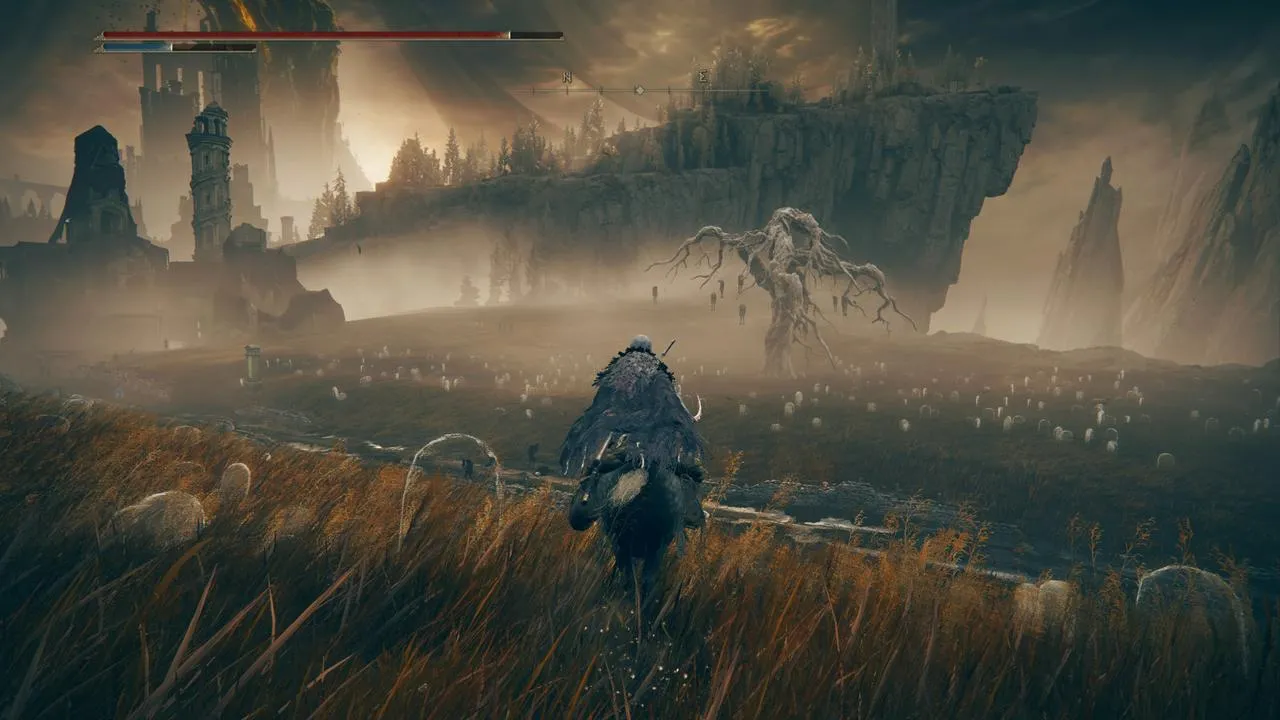 Alt: A panoramic view of the Shadow Lands in the Elden Ring: Shadow of the Erdtree DLC, showing the darkened Erdtree in the distance.
