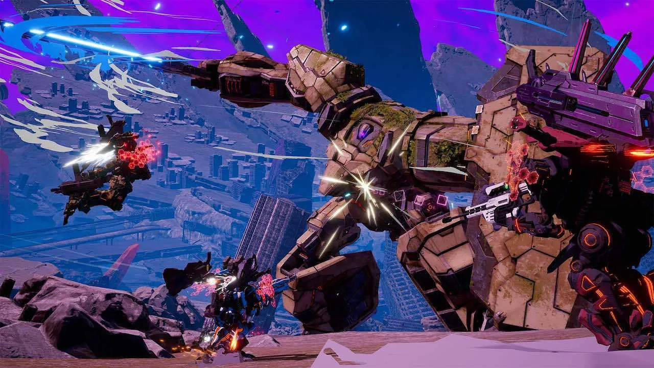 alt:  A promotional image for Daemon X Machina featuring several Arsenals against a backdrop of a destroyed city.
