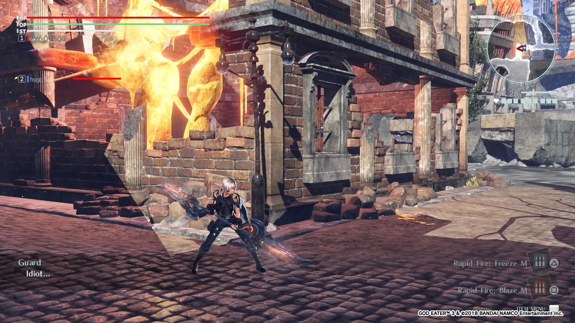 Alt: A scene from God Eater 3 showcasing the dynamic environment and the looming presence of the Aragami.