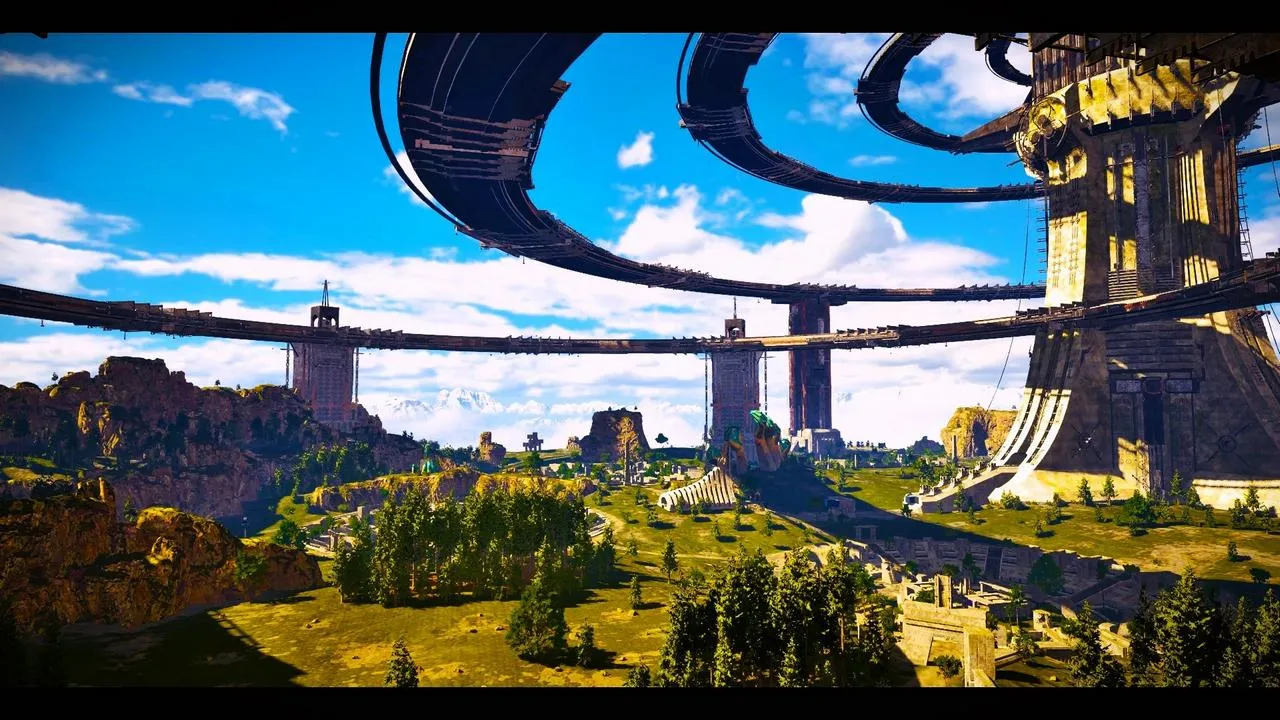 Alt:  A scenic vista showcasing the game's beautiful environment and detailed graphics, blending nature and ancient architecture.
