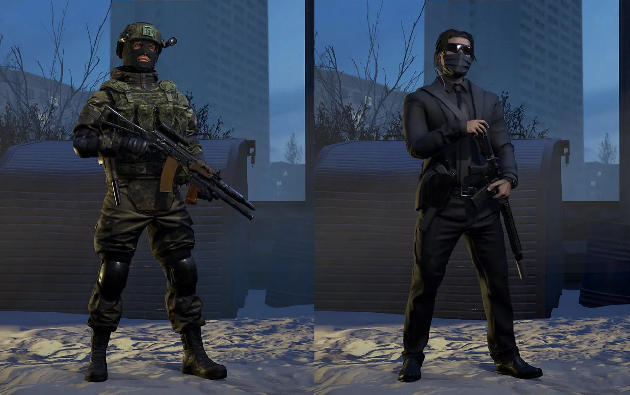 Alt:  A screenshot from Caliber comparing two different weapon models used by the same operator with different skins.