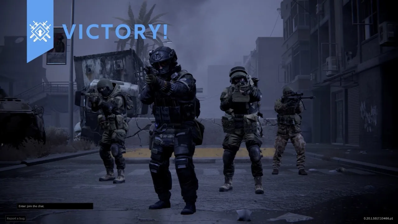 Alt: A screenshot from Caliber highlighting the Support class providing suppressing fire during a defensive objective.