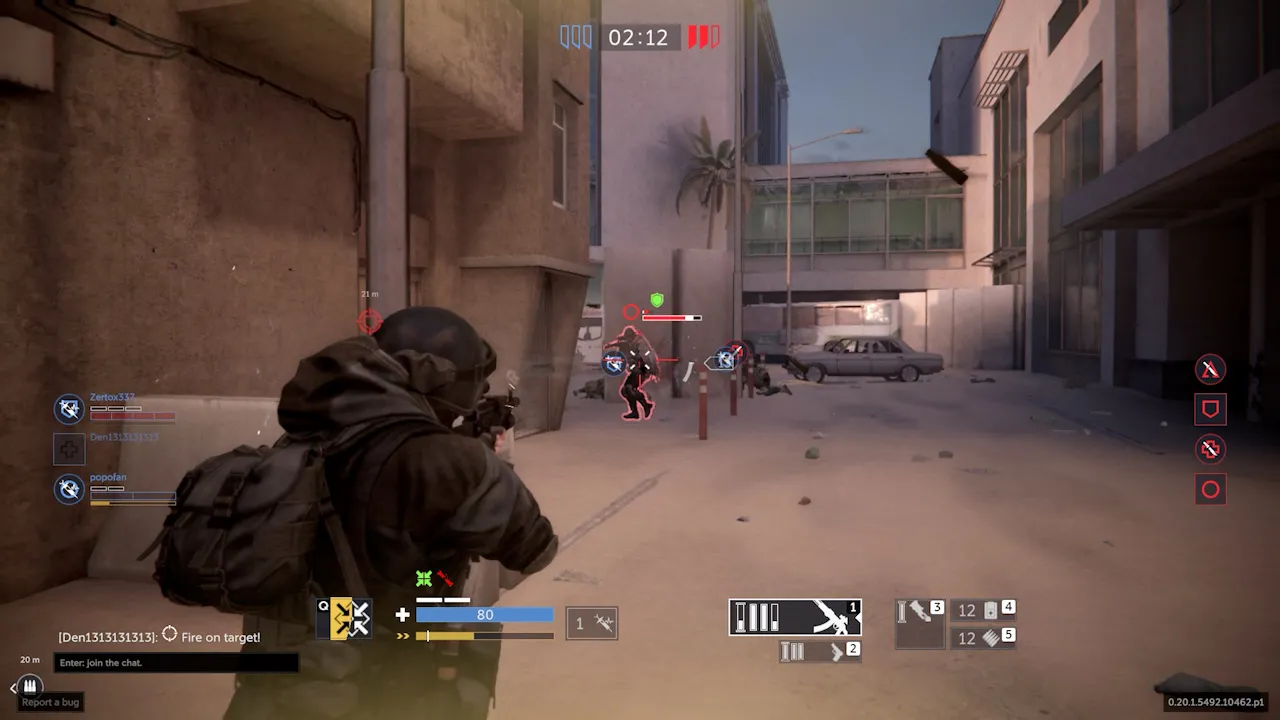 Alt: A screenshot from Caliber showcasing enemy AI using coordinated tactics, including suppressing fire and grenades.