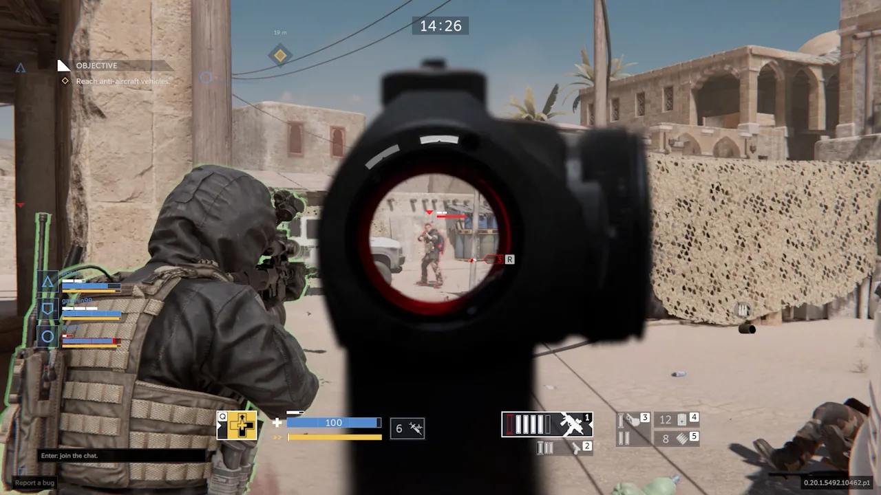 Alt: A screenshot from Caliber showing a player aiming down sights in a snowy environment.