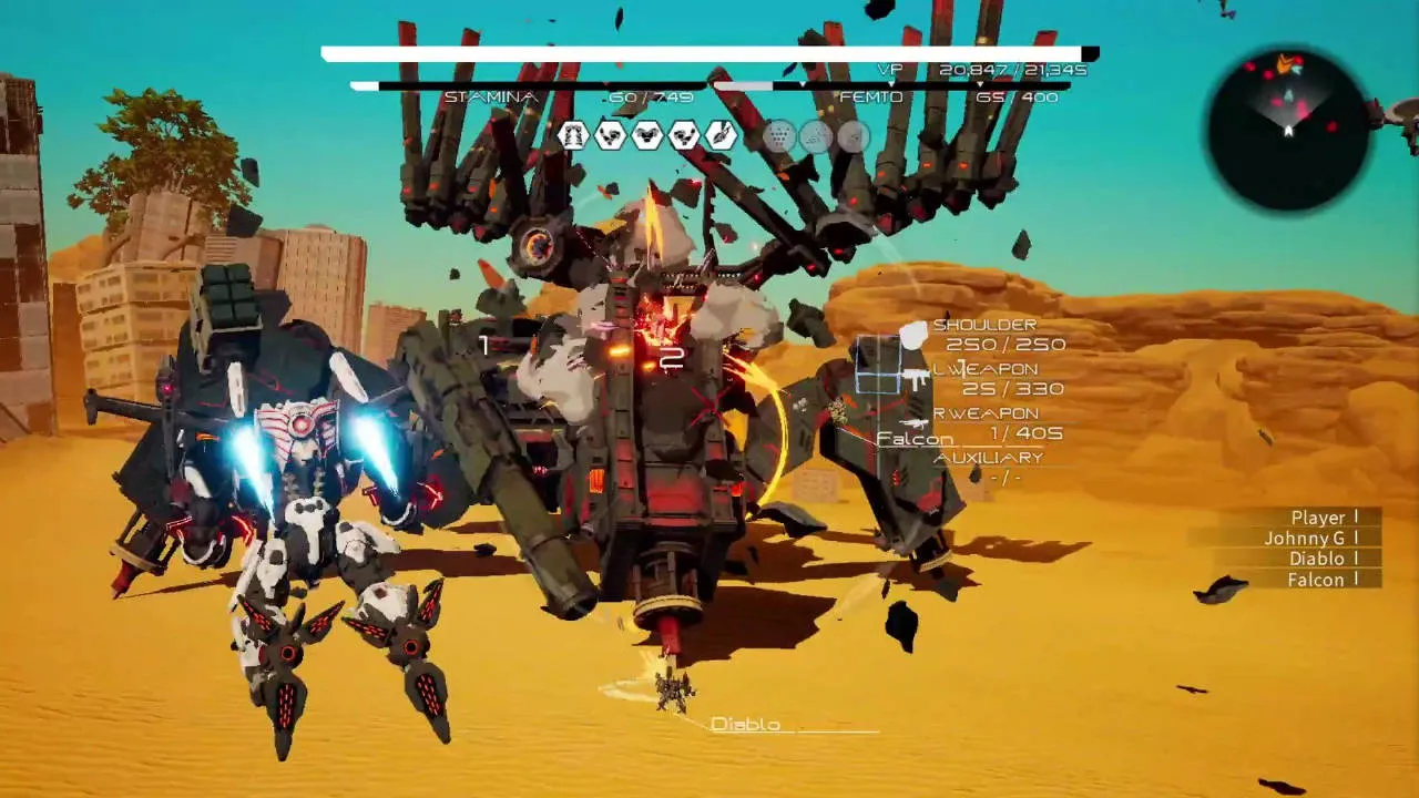 alt: A screenshot from Daemon X Machina showing the player's Arsenal engaging in combat with enemy mechs in a ruined city