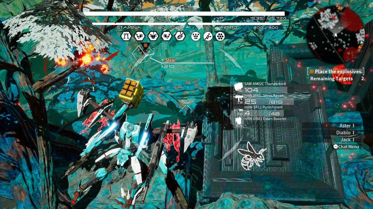 alt: A screenshot from Daemon X Machina showing the player's Arsenal facing a giant enemy mech, emphasizing the scale of the battles