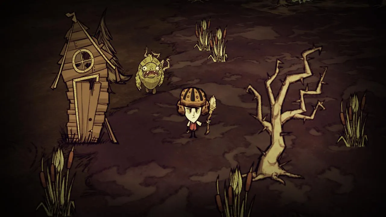 alt: A screenshot from Don't Starve showing the character by a campfire at night.