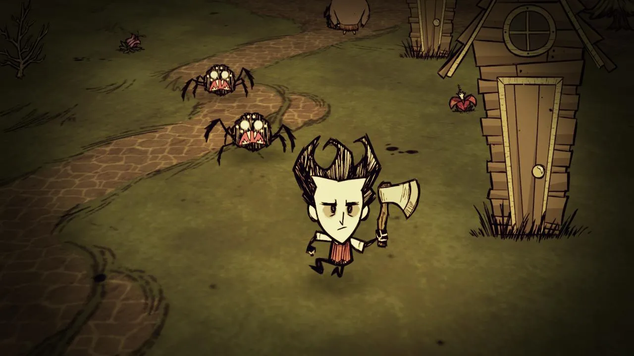 alt: A screenshot from Don't Starve showing the character encountering a monster.