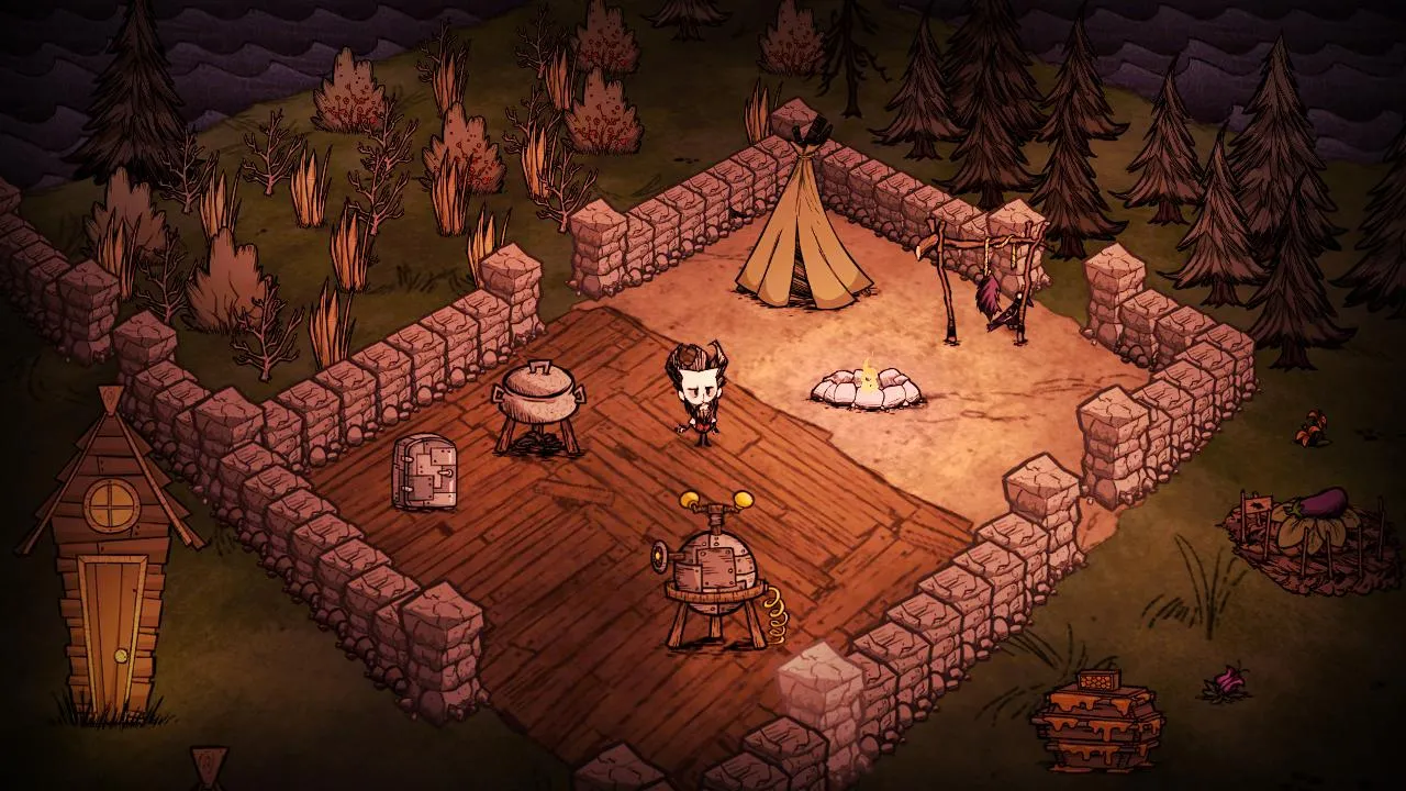 alt: A screenshot from Don't Starve showing the character exploring a forest biome.