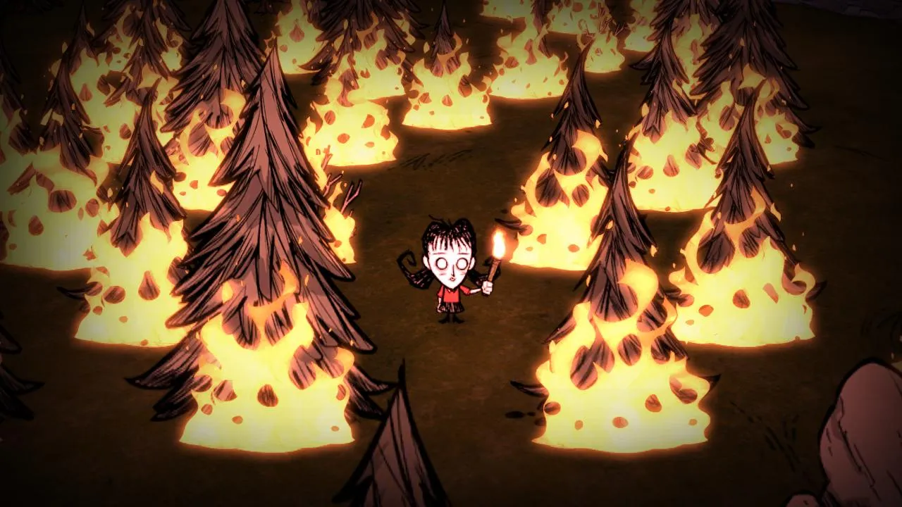 alt: A screenshot from Don't Starve showing the character exploring a graveyard biome.