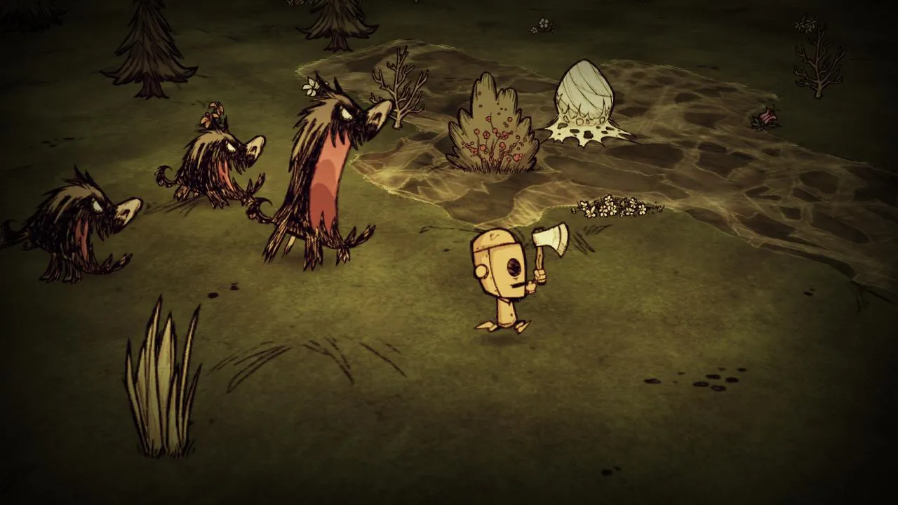 alt: A screenshot from Don't Starve showing the character's health, hunger, and sanity meters.