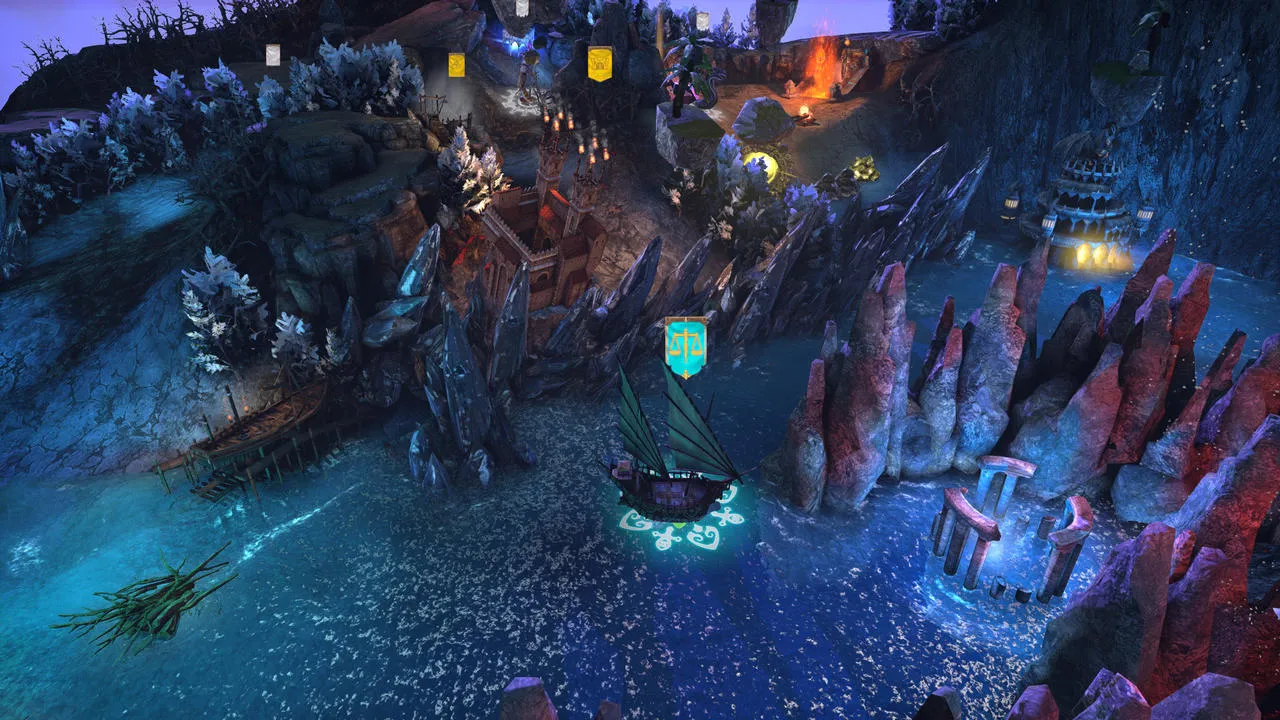Alt: A screenshot from Might &amp; Magic: Heroes VII displaying the in-game town screen with various buildings and unit options.