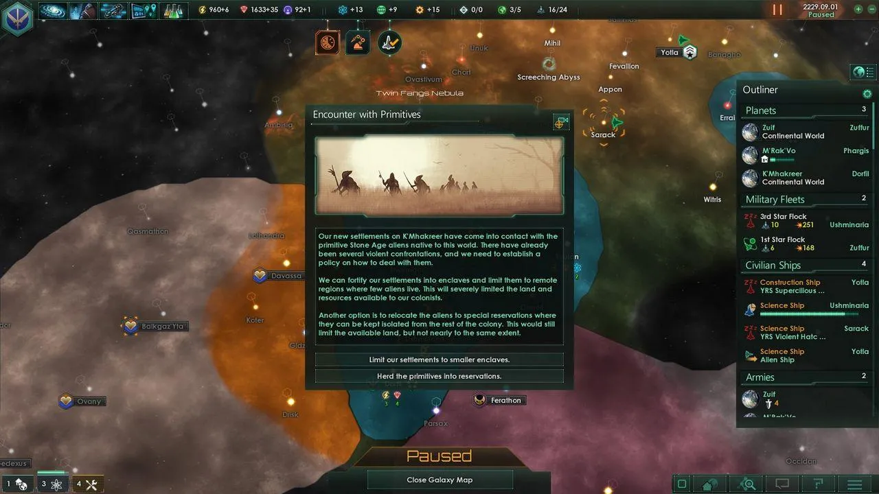 alt: A screenshot from Stellaris showcasing the galaxy map with various star systems and empires.