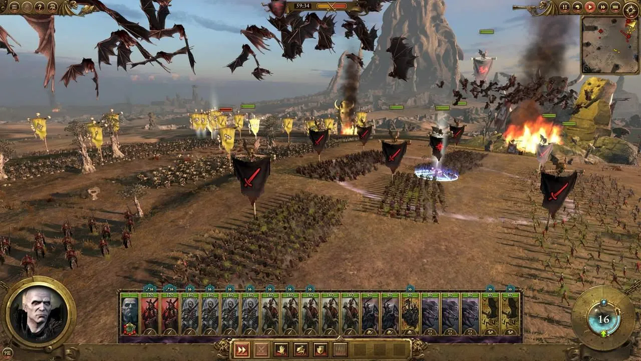 alt: A screenshot from Total War: Warhammer showing a battle between the Dwarfs and Greenskins.