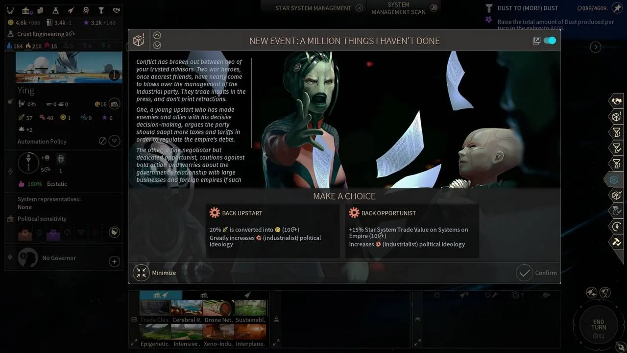 alt:  A screenshot of Endless Space 2 showcasing the interface during a space battle, with options for tactical commands.