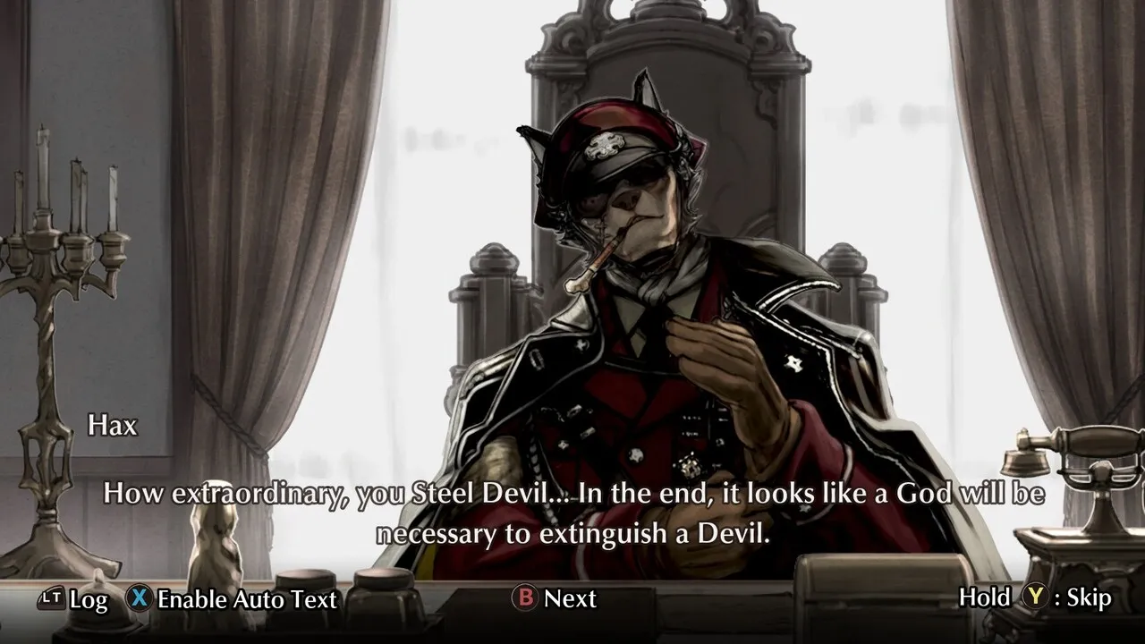 alt: A screenshot of Fuga: Melodies of Steel during a dialogue sequence.