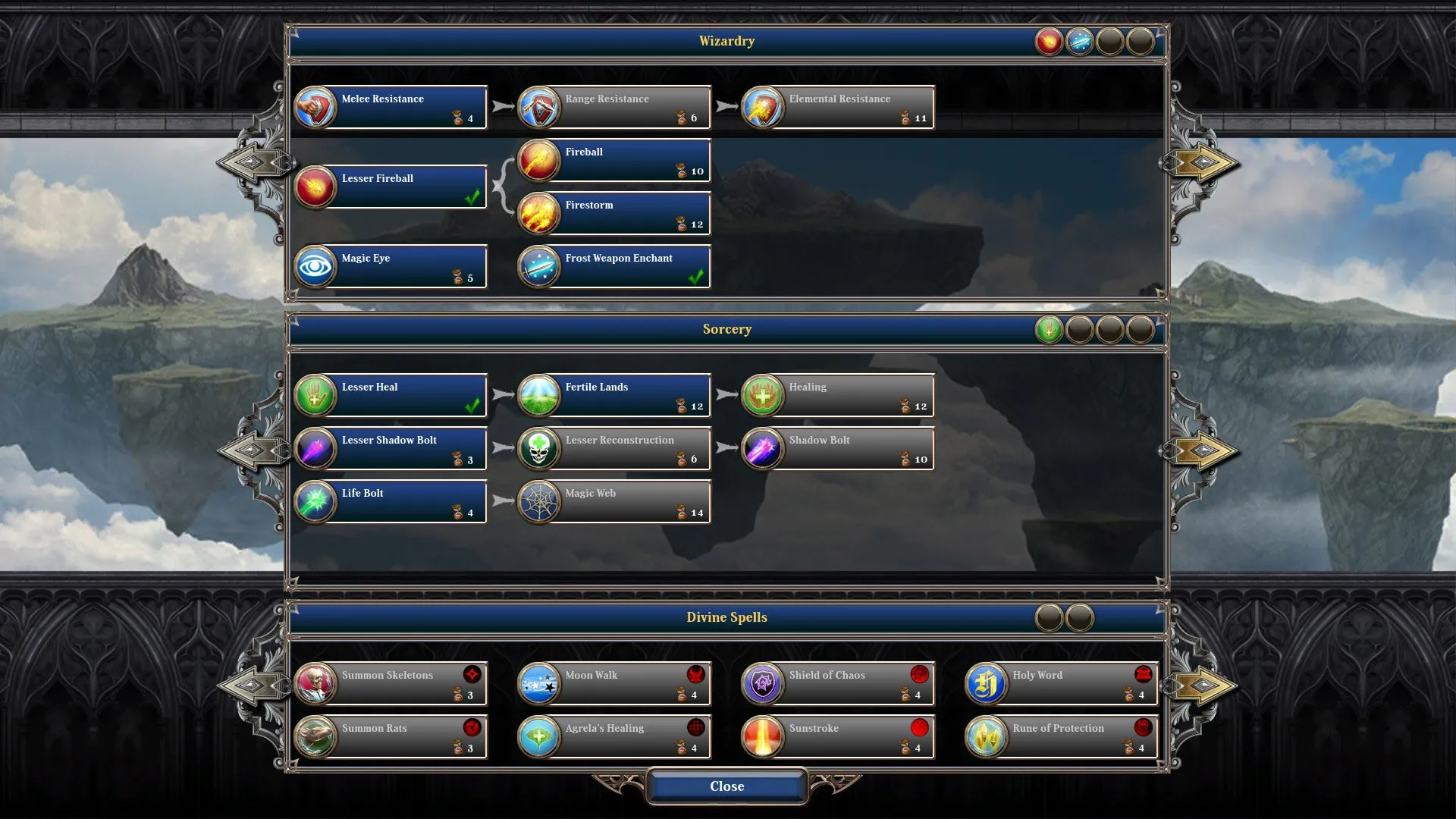 Alt:  A screenshot of Warlock 2 displaying the unit upgrade tree, allowing players to choose different paths for their units' development.