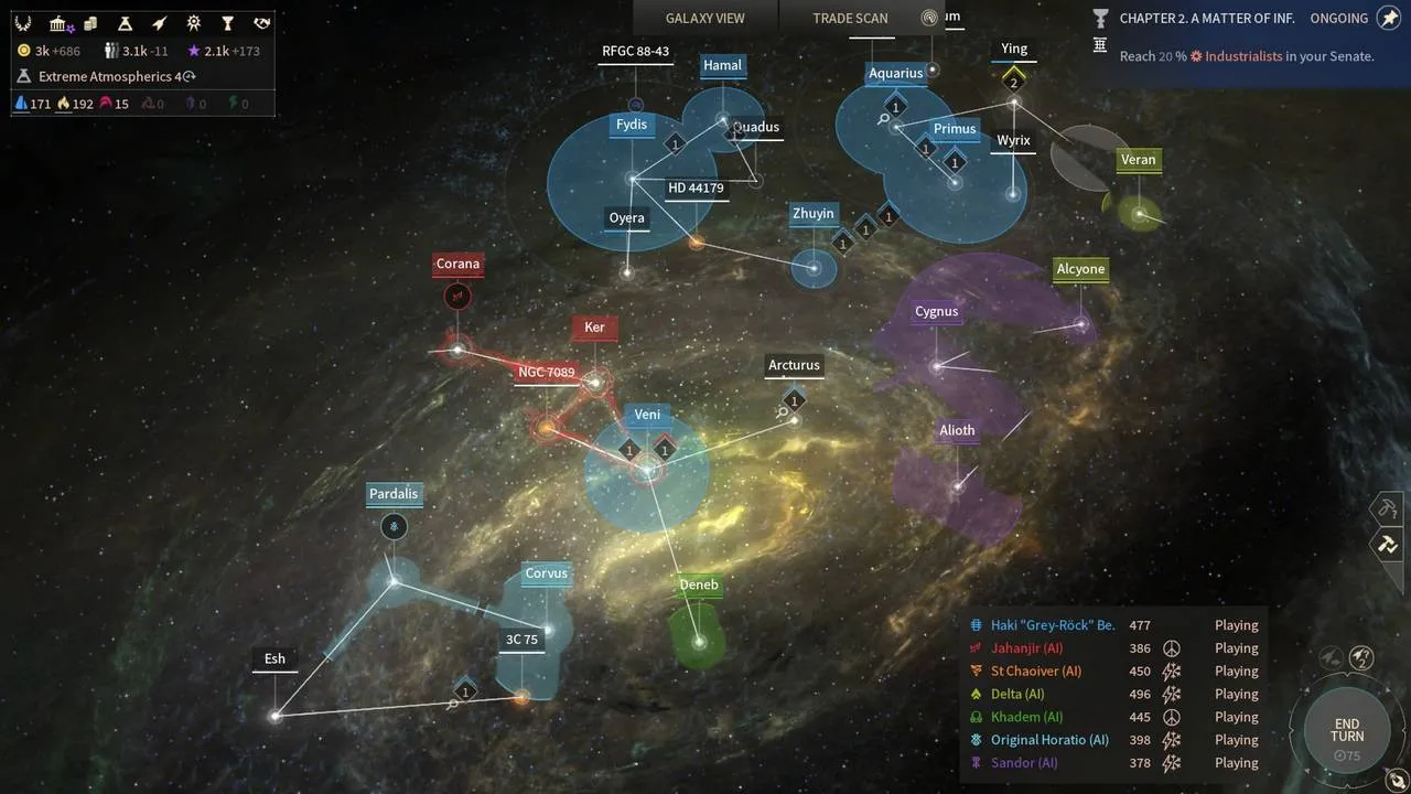 alt: A screenshot showcasing the beautiful galaxy map of Endless Space 2 with various star systems and nebulae.