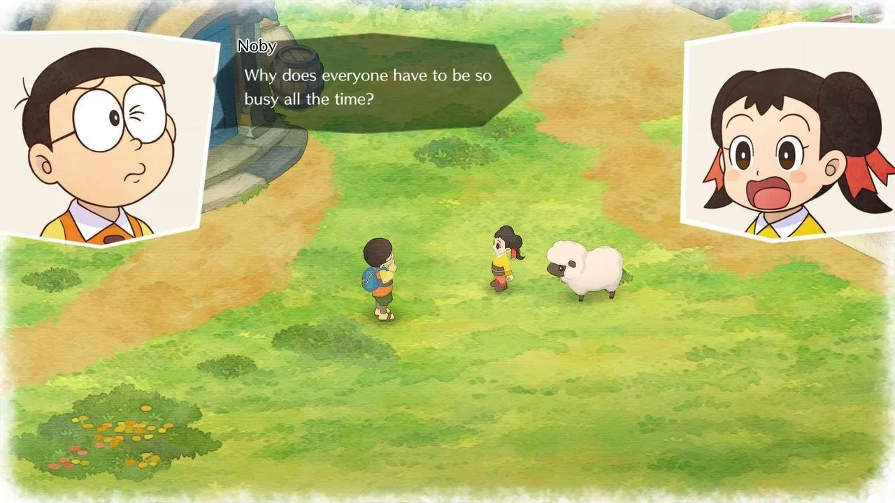 alt: A screenshot showing Nobita interacting with a townsperson, demonstrating the game's character interactions.