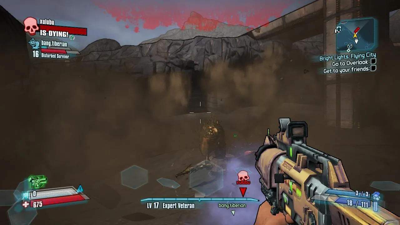 alt: Borderlands 2 gameplay screenshot showing a player aiming down the sights of a rifle.