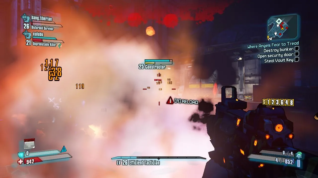 alt: Borderlands 2 gameplay screenshot showing four vault hunters fighting enemies.