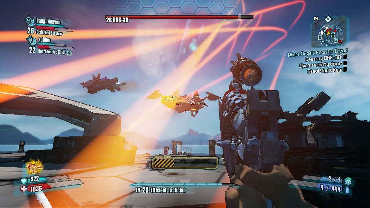 alt: Borderlands 2 gameplay screenshot showing multiple players fighting a boss.