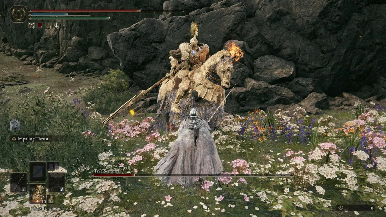 Alt: Combat scenario in Elden Ring: Shadow of the Erdtree DLC, showcasing a new enemy type resembling a flaming golem.