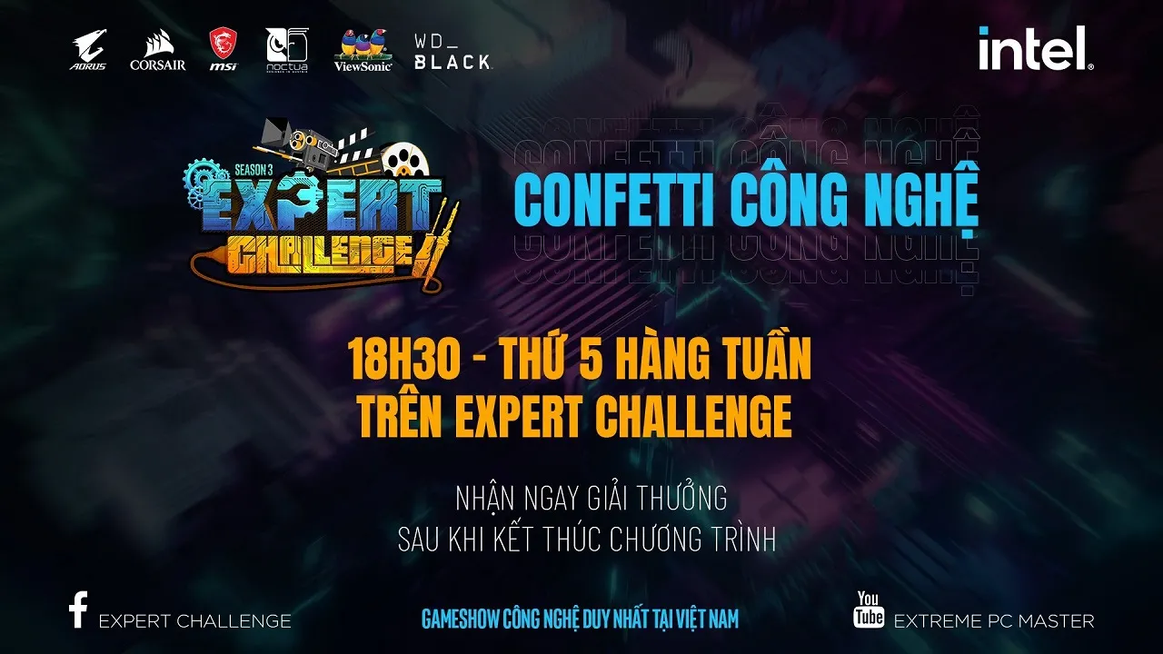 alt: Confetti Cong Nghe gameshow graphic featuring prizes and the Expert Challenge logo.