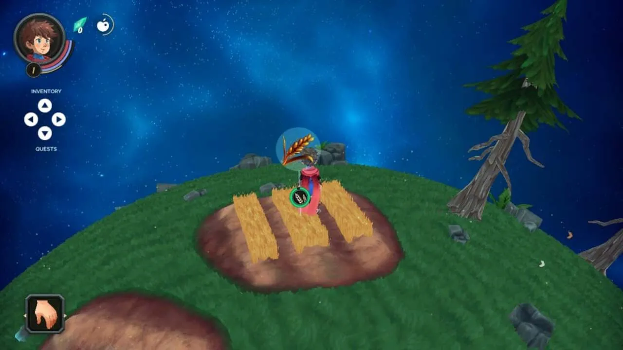 alt: Deiland screenshot showing the game's cel-shaded graphics and the player character tending to their crops on a small, spherical planet.