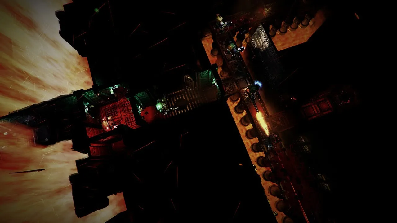 alt: Gameplay screenshot of Space Hulk Ascension showing the Salamanders navigating a corridor