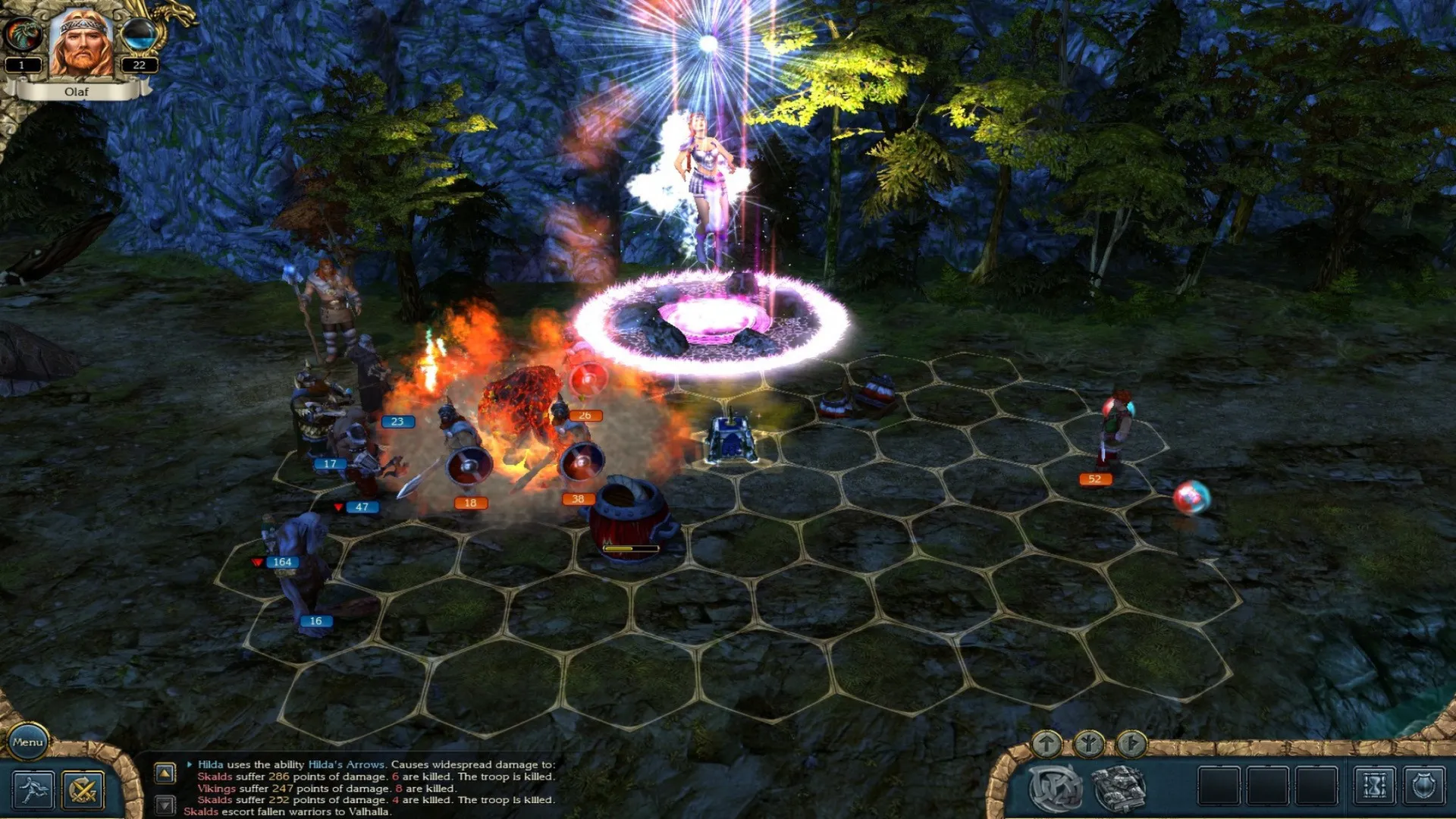 alt: King's Bounty: Ice &amp; Fire gameplay screenshot depicting a battle scene with various units on a hex grid.