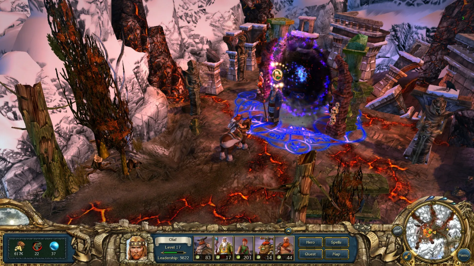 alt: King's Bounty: Ice &amp; Fire gameplay screenshot displaying the game's environment with visible jagged edges on objects.