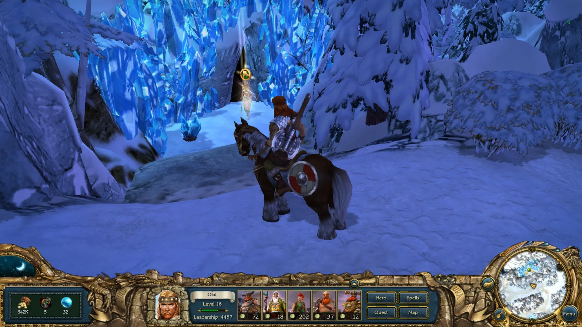 alt: King's Bounty: Ice &amp; Fire gameplay screenshot showing a character casting a spell during battle.