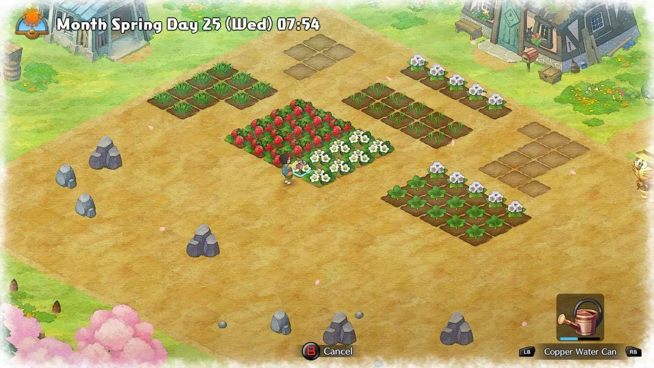 alt: Nobita tending to his crops in a vibrant field, demonstrating the game's core gameplay loop.