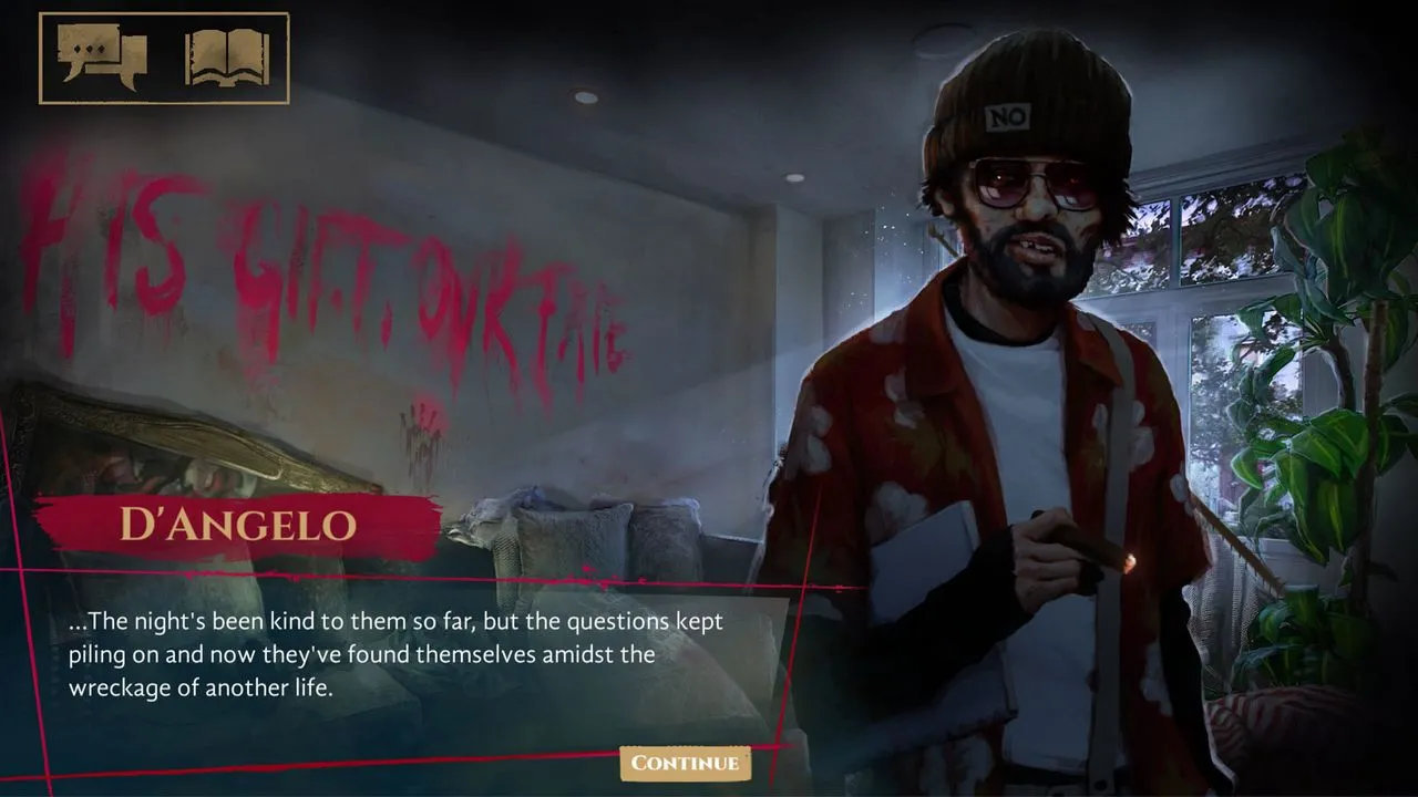 Alt: Screenshot from Coteries of New York illustrating the user interface during a dialogue sequence.  This highlights the game's visual novel format and its reliance on text-based storytelling.