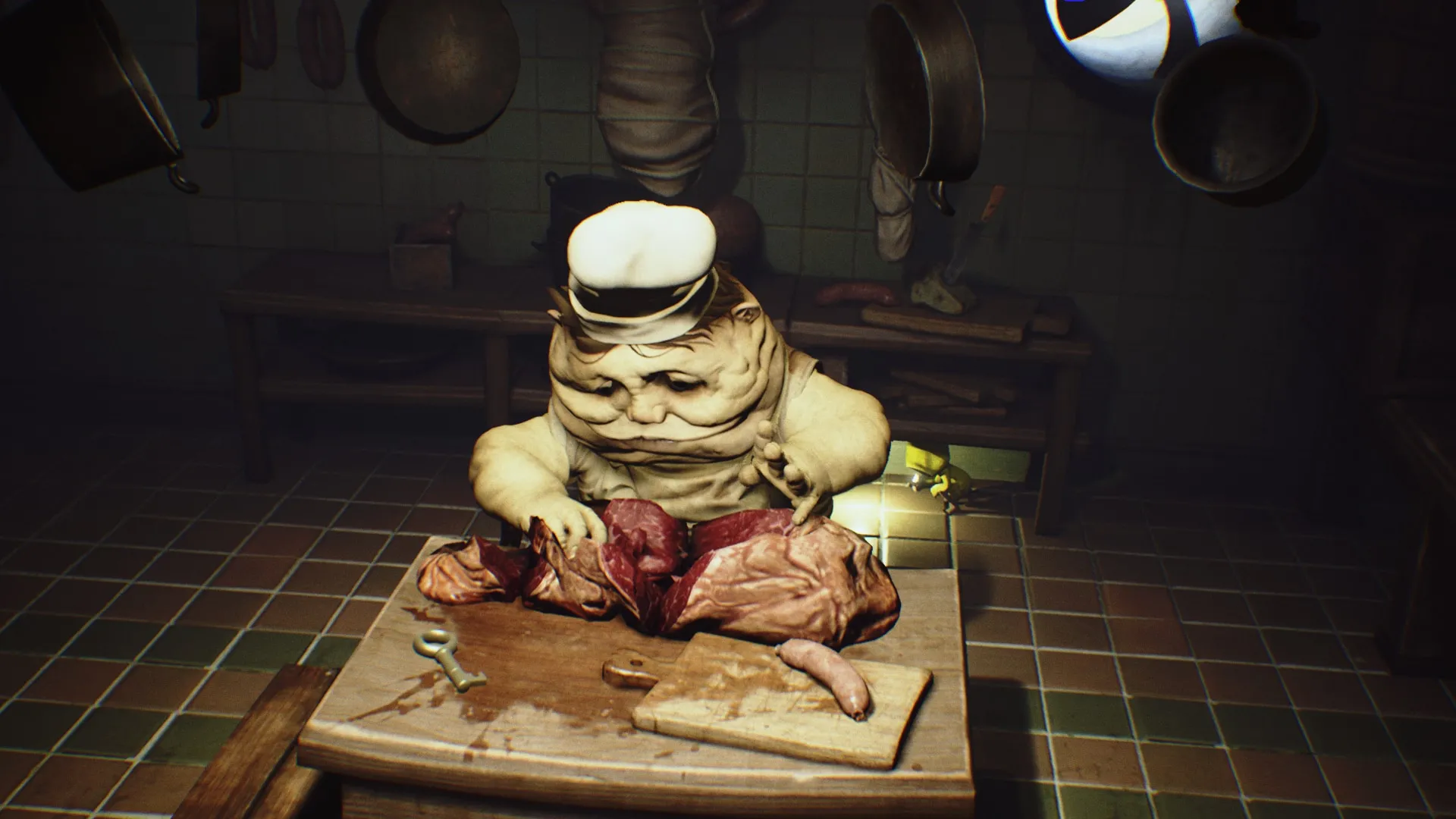 alt: Six hiding from a grotesque enemy in Little Nightmares