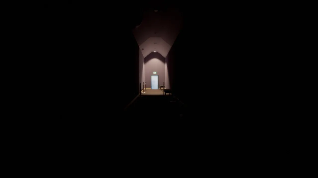 alt text: A brightly lit hallway with a surreal perspective distortion, showcasing the game's dreamlike atmosphere.