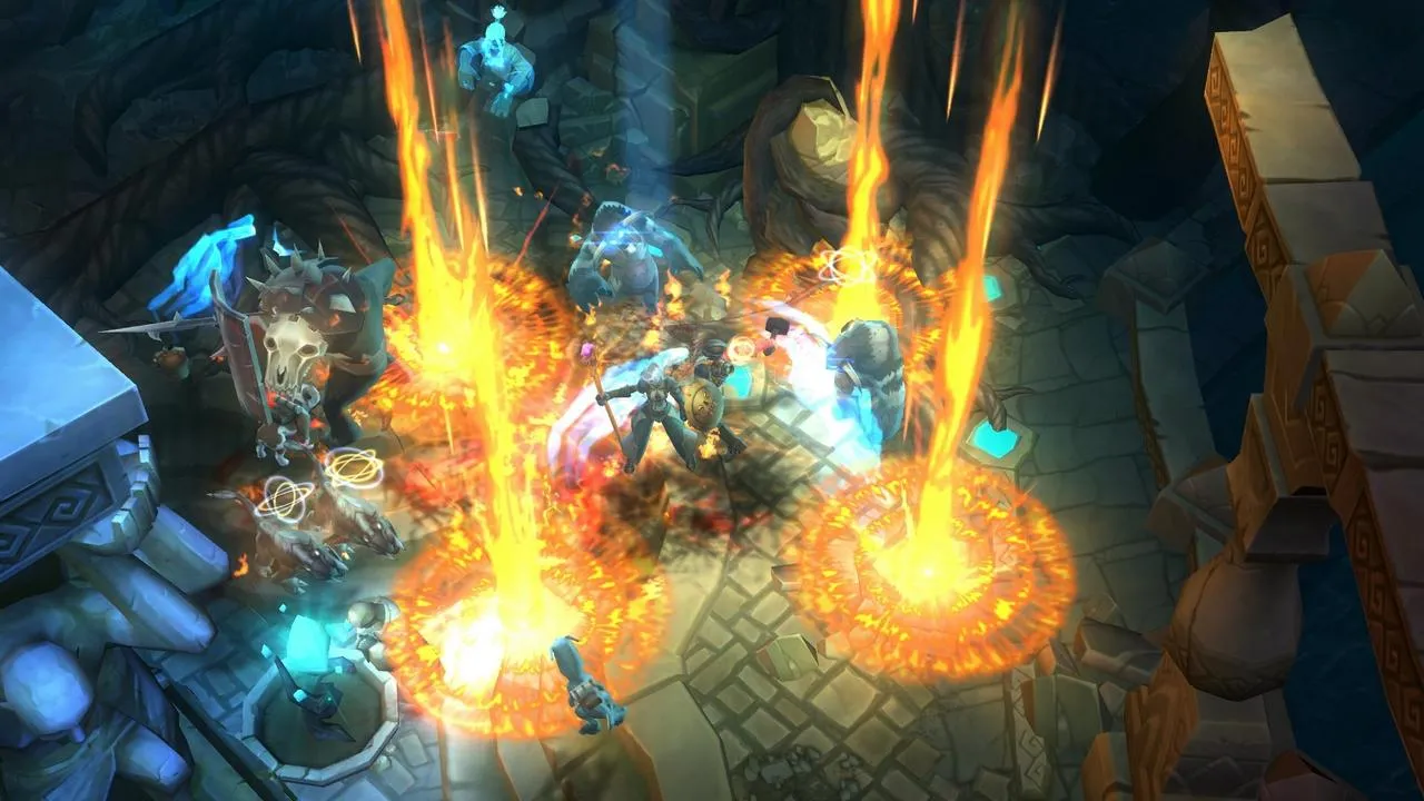 alt text: A chaotic battle scene in Torchlight 2 with many visual effects.