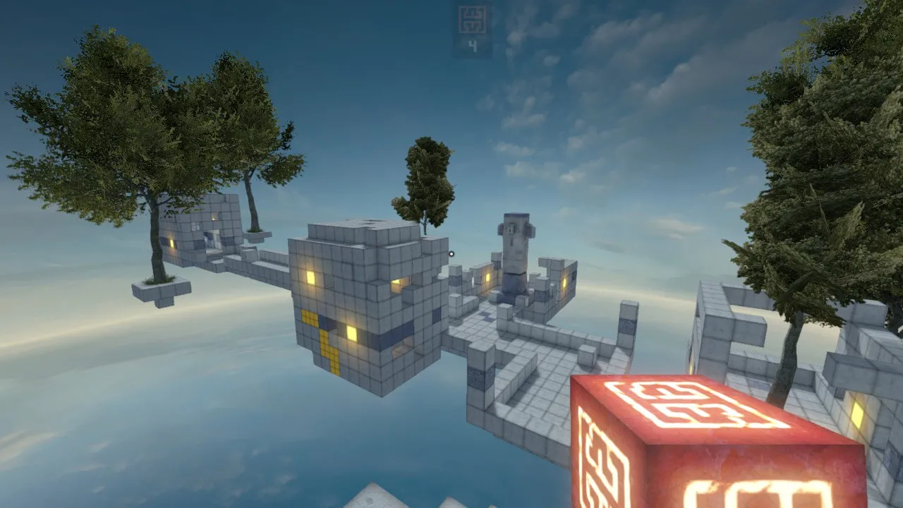 alt text: A complex puzzle in Qbeh-1: The Atlas Cube requires precise placement of colored blocks to reach the exit.